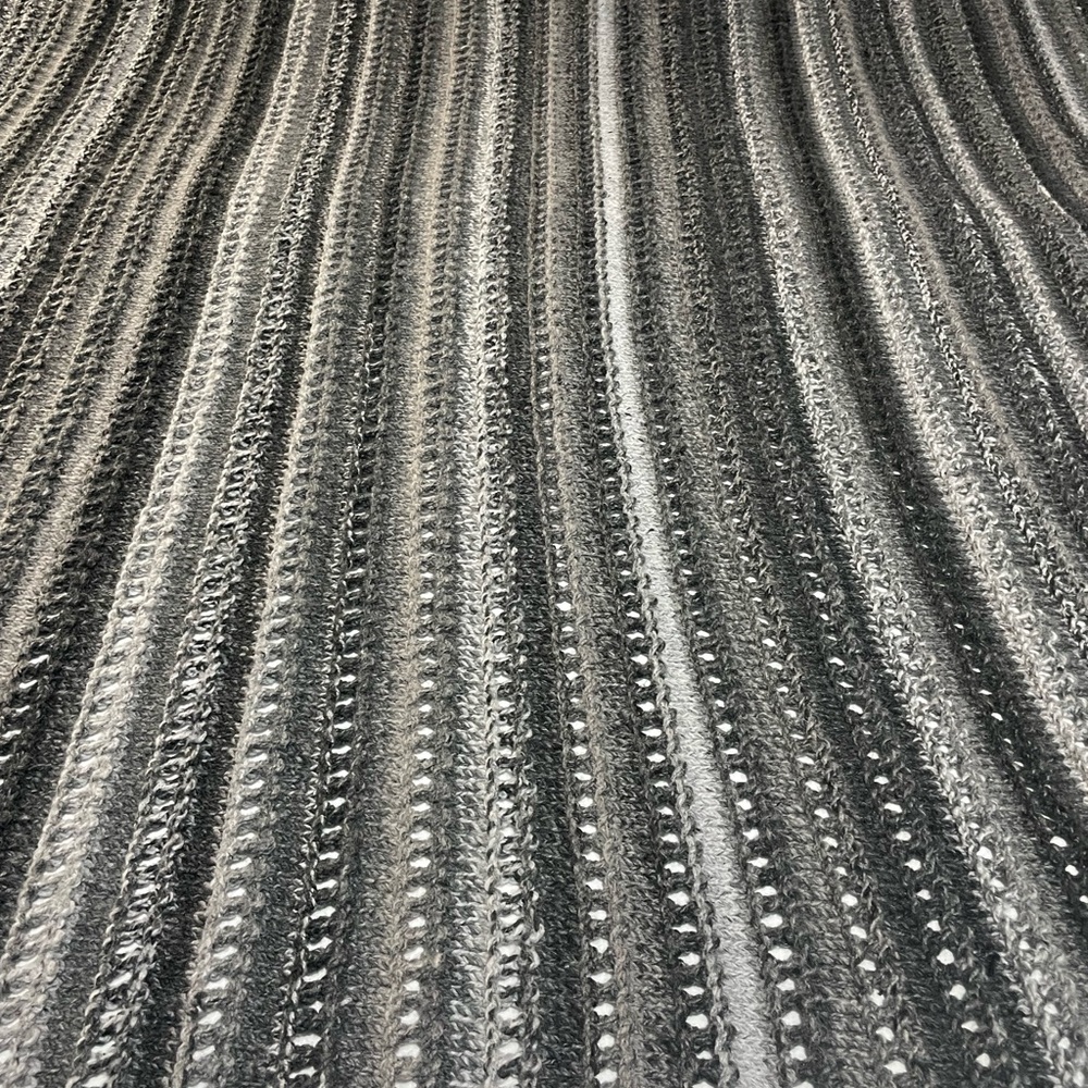 Hand Knitted by owner, Striped Knit Blanket in multiple gray colors.